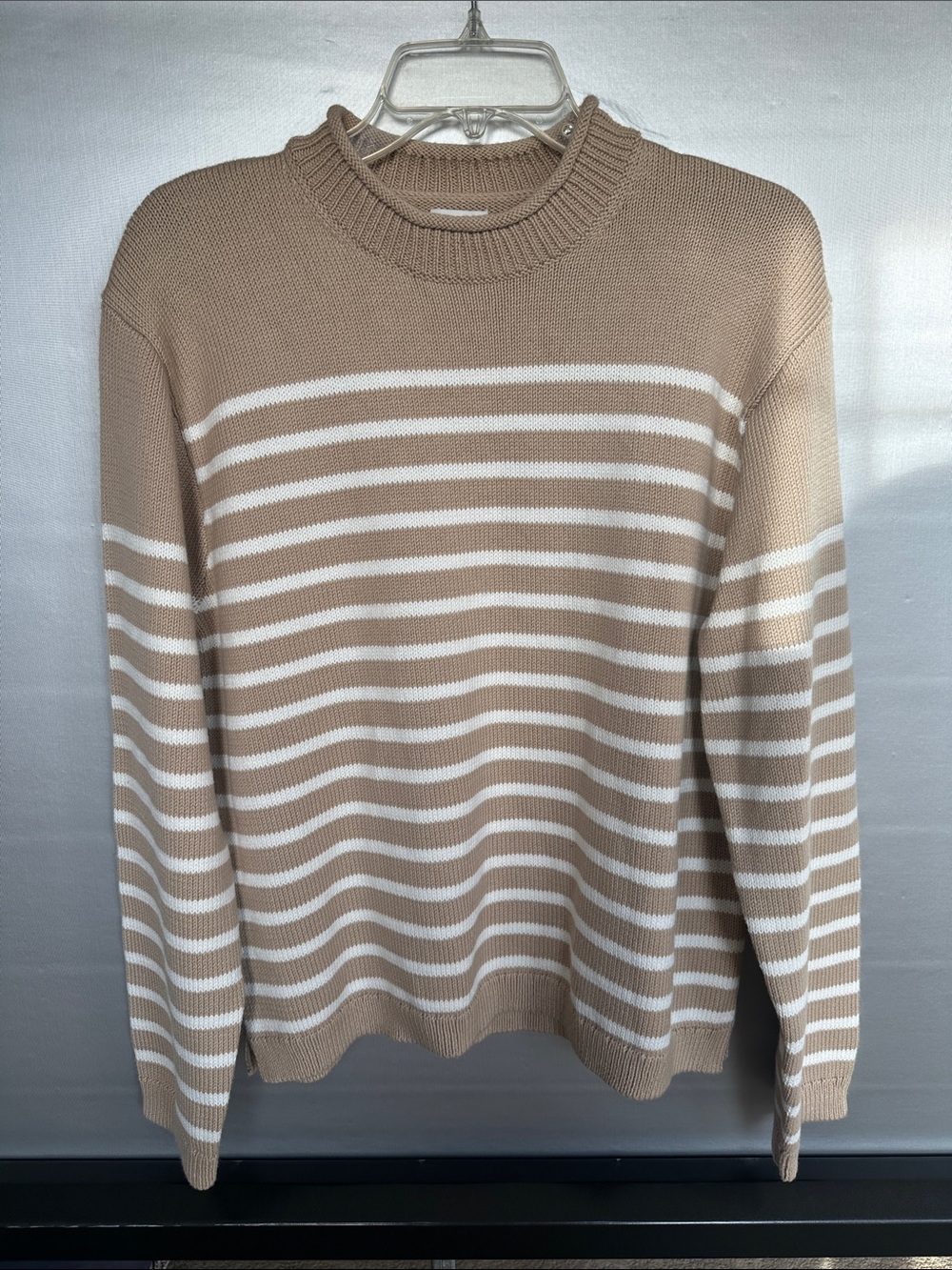 NWT J. Crew Factory Striped Rollneck/Mockneck Sweater Sz L Tan White Cotton Blnd